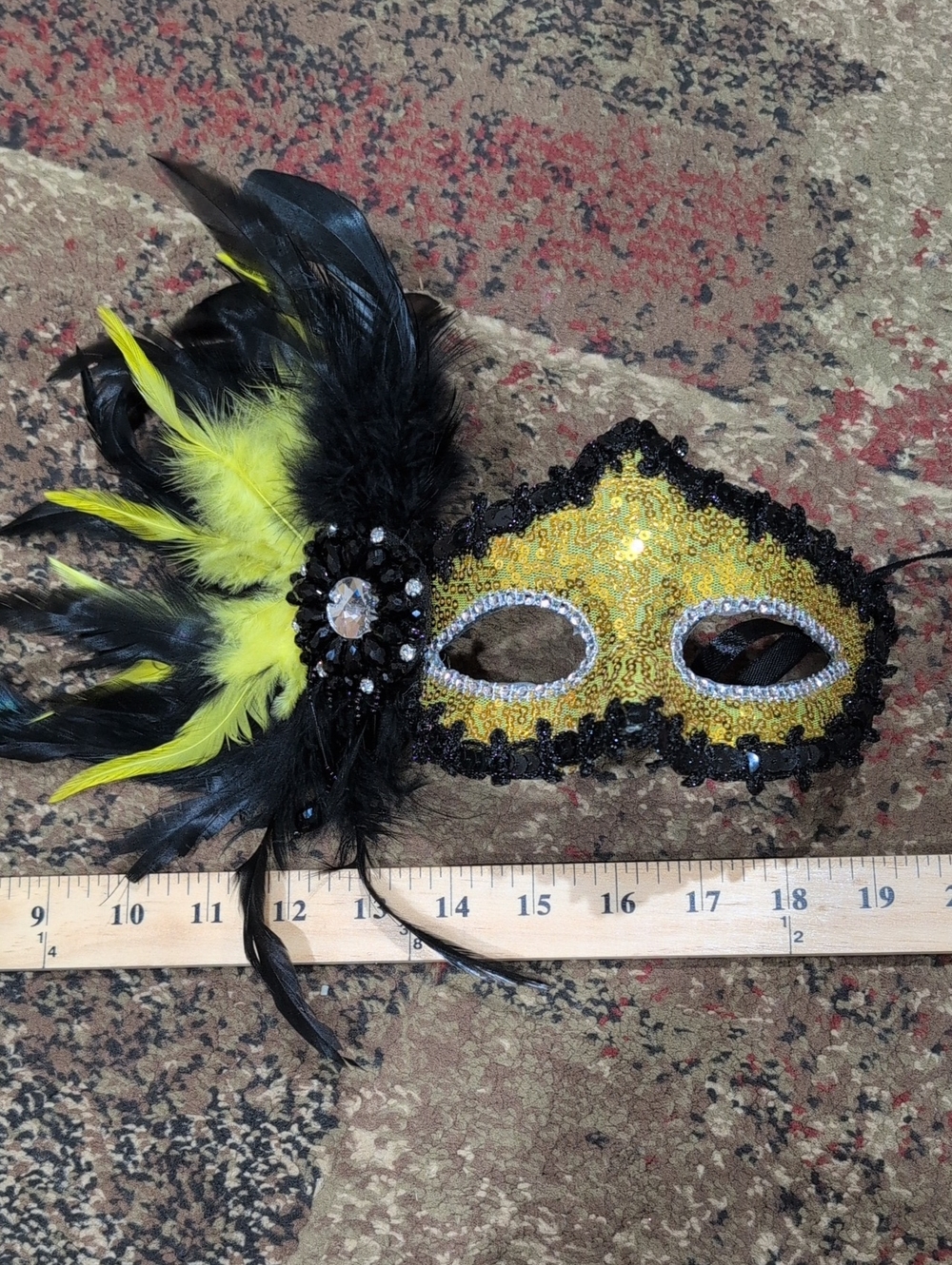 Sequined Yellow and Black Feather Masquerade Eye Mask